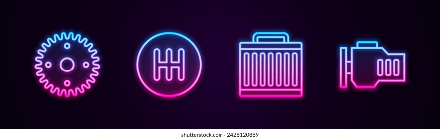 Linie einstellen Gang, Schaltschalter, Auto-Kühler-Kühlsystem und Motor prüfen. Leuchtendes Neon-Symbol. Vektor