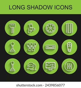 Set line Gear shifter, Car service, key with remote, Diagnostics condition of car, Timing belt kit and Audio icon. Vector