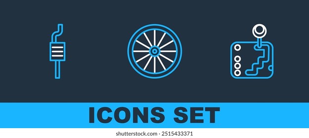 Set line Gear shifter, Car muffler and wheel icon. Vector