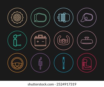 Set line Gear shifter, Car mirror, Electric engine, battery, Truck side, wheel, Sport steering and  icon. Vector