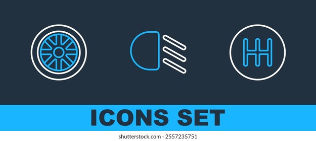 Set line Gear shifter, Car wheel and High beam icon. Vector