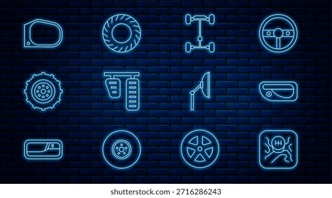 Set line Desplazador de engranajes, manija de la puerta del coche, coche del chasis, pedales de freno de gas, rueda, espejo, limpiaparabrisas e icono de neumático. Vector