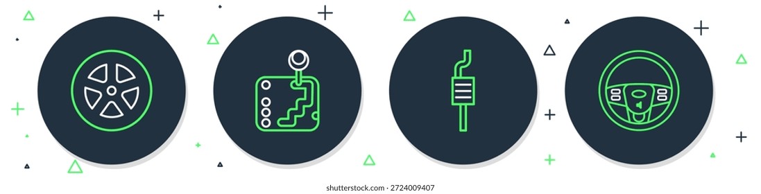 Ajuste la línea de cambio de marchas, silenciador de coche, rueda e icono de dirección. Vector