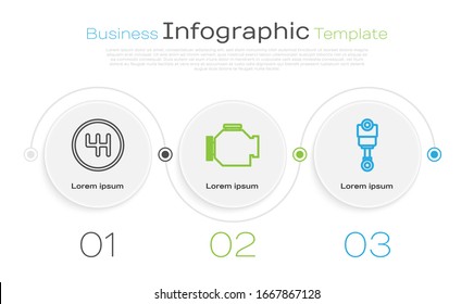 Set line Gear shifter, Check engine and Engine piston. Business infographic template. Vector