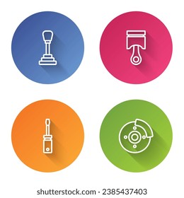 Set line Gear shifter, Engine piston, Screwdriver and Car brake disk with caliper. Color circle button. Vector
