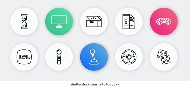 Set line Gear shifter, Game controller or joystick, Level game, Racing simulator, Case of computer, Chest for, dice and VR icon. Vector