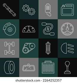 Set line Gear shifter, High beam, Speedometer, Car muffler, brake disk with caliper, chain and battery jumper power cable icon. Vector