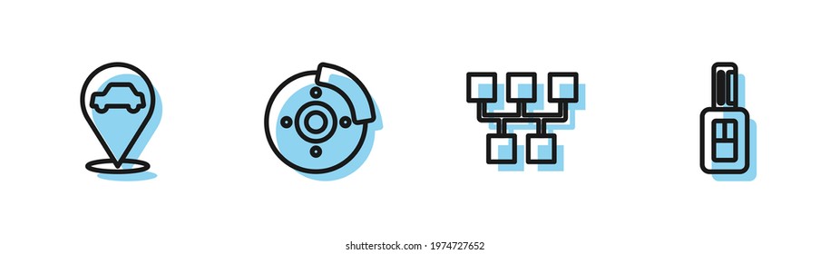 Set line Gear shifter, Location with car service, Car brake disk caliper and key remote icon. Vector