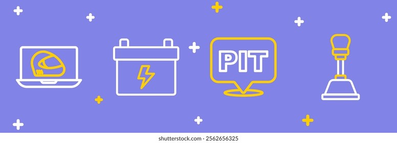 Set line Gear shifter, Pit stop, Car battery and Racing helmet icon. Vector