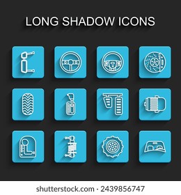 Set line Gear shifter, Shock absorber, Truck side mirror, Car wheel, windscreen, Electric engine and gas and brake pedals icon. Vector