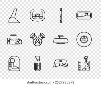 Set line Gear shifter, Shock absorber, Car handbrake, engine, windscreen and disk icon. Vector