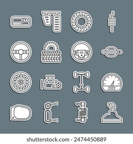 Ajuste la línea Selector de velocidades, Velocímetro, Manija de la puerta del coche, neumático, Volante de dirección e icono. Vector