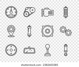 Set line Gear, Shock absorber, Check engine, Car mirror, Speedometer, shifter and  icon. Vector
