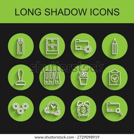 Set line Gear, Time Management, USB flash drive, Alarm clock with dollar symbol, Search concept folder, Office folders papers and documents, Completed task and Flowers in pot icon. Vector