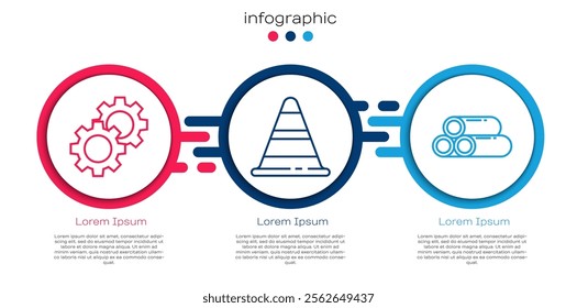 Set line Gear, Traffic cone and Industry metallic pipe. Business infographic template. Vector