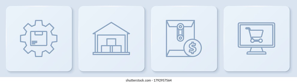 Set line Gear wheel with package box, Envelope dollar symbol, Warehouse and Shopping cart on computer. White square button. Vector
