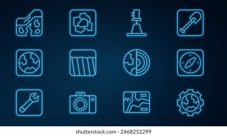Set line Gear wheels and earth, Compass, Tacheometer, theodolite, Ground, Earth globe, Geological fault, core structure crust and Gold nugget icon. Vector