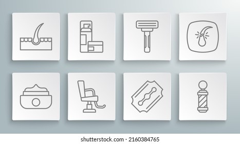 Set line Gel or wax for hair styling, Shaving gel foam, Barbershop chair, Blade razor, Classic pole, Broken follicle and Human icon. Vector