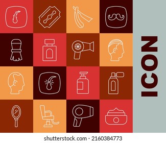 Set line Gel or wax for hair styling, Aftershave with atomizer, Hairstyle men, Straight razor, Shaving brush, Human follicle and dryer icon. Vector