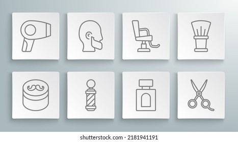 Set line Gel or wax for hair styling, Mustache and beard, Classic Barber shop pole, Aftershave, Scissors hairdresser, Barbershop chair, Shaving brush and Hair dryer icon. Vector