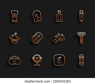 Set line Gel or wax for hair styling, Hand mirror, Shaving brush, Human follicle, Classic Barber shop pole, Blade razor,  and foam on hand icon. Vector