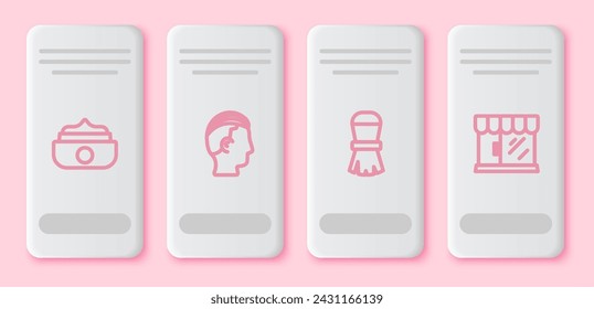 Set line Gel or wax for hair styling, Hairstyle men, Shaving brush and Barbershop building. White rectangle button. Vector