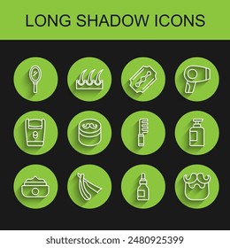 Set line Gel or wax for hair styling, Straight razor, Hand mirror, Oil bottle, Mustache beard, Bottle of shampoo and Hairbrush icon. Vector