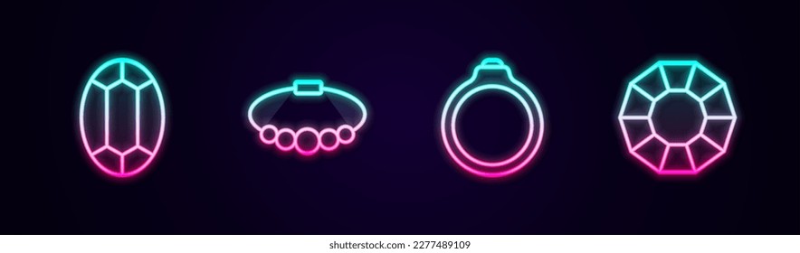 Set Line Gem Stein, Bracelet Schmuck, Diamond Verlobungsring und . Leuchtendes Neonsymbol. Vektorgrafik