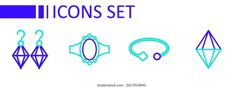 Set line Gem stone, Bracelet jewelry, Diamond engagement ring and Earrings icon. Vector