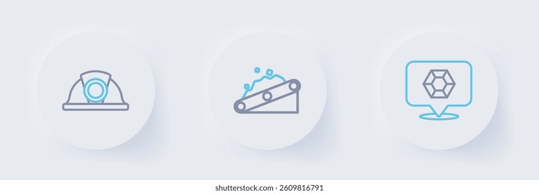Set line Gem stone, Conveyor belt carrying coal and Miner helmet icon. Vector