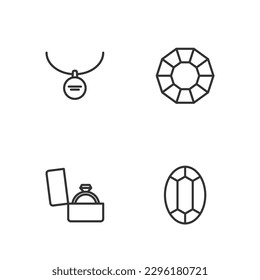 Fijar la línea Gem stone, el anillo de compromiso Diamond en la caja, el collar Locket y el icono. Vector