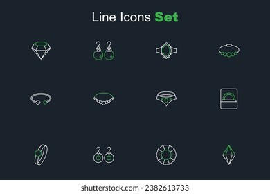 Set Linie Gem Stein, Diamond, Ohrringe, Verlobung, Box, Ketten, Perlenhalskette und Armband Schmuck Symbol. Vektorgrafik