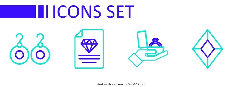 Set line Gem stone, Diamond engagement ring in box, Certificate of the diamond and Earrings icon. Vector