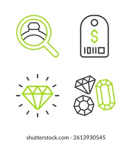Set line Gem stone, Diamond, Price tag with dollar and engagement ring icon. Vector