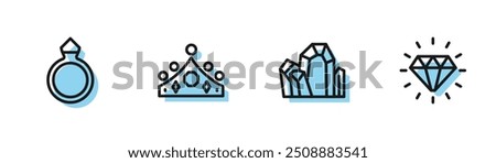 Set line Gem stone, Diamond engagement ring, King crown and  icon. Vector