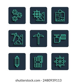 Set line Gem stone, Dynamite, Bucket wheel excavator, Mine entrance, Pickaxe,  and Handle detonator icon. Vector