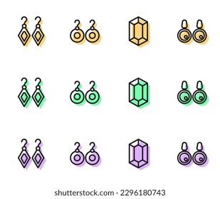 Legen Sie die Zeile Gem Stein, Ohrringe und Symbol fest. Vektorgrafik