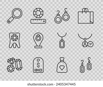 Set line Gem stone, Earrings, Price tag with dollar, Magnifying glass, Jewelry store, Bag gems and Locket necklace icon. Vector