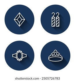 Set line Piedra preciosa, pendientes, compromiso de diamantes y corona de rey con sombra larga. Botón de círculo azul. Vector