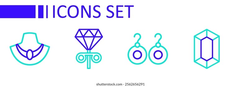 Set line Gem stone, Earrings, Stud earrings and Necklace mannequin icon. Vector