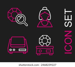Set line Piedra preciosa, básculas de joyería Electrónica, Consultor de tienda e icono. Vector
