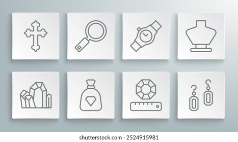 Set línea de piedras preciosas, lupa, bolso con gemas, pendientes, reloj de pulsera, maniquí collar e icono de cruz cristiana. Vector