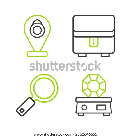 Set line Gem stone, Magnifying glass, Jewelry box and store icon. Vector