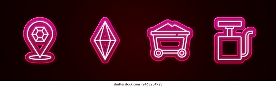 Set line Piedra preciosa, Carro de carbón de mina y Mango detonador. Icono de neón brillante. Vector