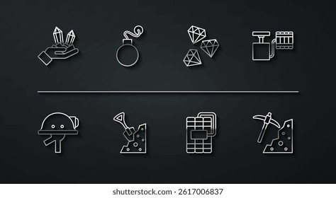 Set line Gem stone, Miner helmet, Handle detonator, Dynamite, Shovel, Bomb, Pickaxe and  icon. Vector