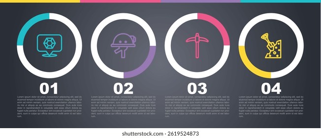 Set line Gem stone, Miner helmet, Pickaxe and Shovel and. Business infographic template. Vector