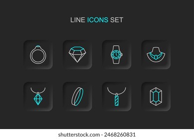 Set line Piedra preciosa, collar colgante, anillo de Boda, maniquí de collar, reloj de pulsera, diamante e ícono de compromiso. Vector