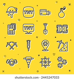 Set line Piedra preciosa, Piqueta, Dinamita, Linterna, Casco Minero e icono Pala. Vector