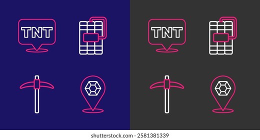 Set line Gem stone, Pickaxe, Dynamite and  icon. Vector
