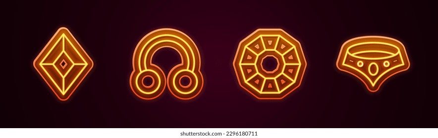 Set line Gem stone, Piercing, Diamond and Necklace. Glowing neon icon. Vector